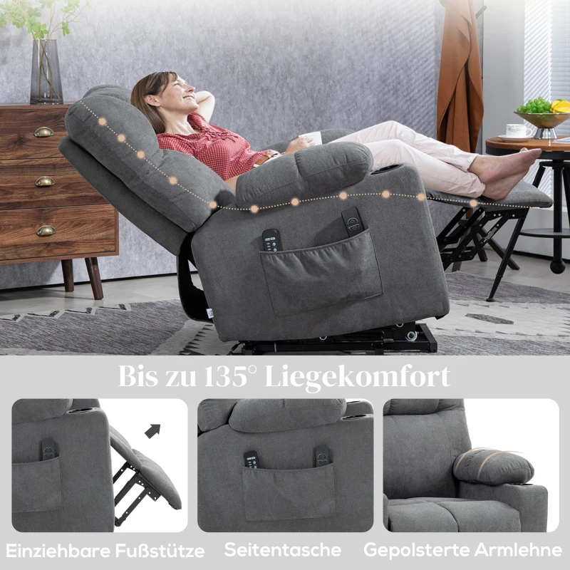 HOMCOM Seniorenfauteuil met opsta-hulp, ligfunctie, incl. afstandsbediening, 144 cm x 91 cm x 88 cm, Grijs