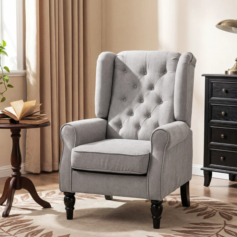 HOMCOM Retro Accent Chair, Wingback Armchair with Wood Frame Button Tufted Design for Living Room Bedroom, Grey