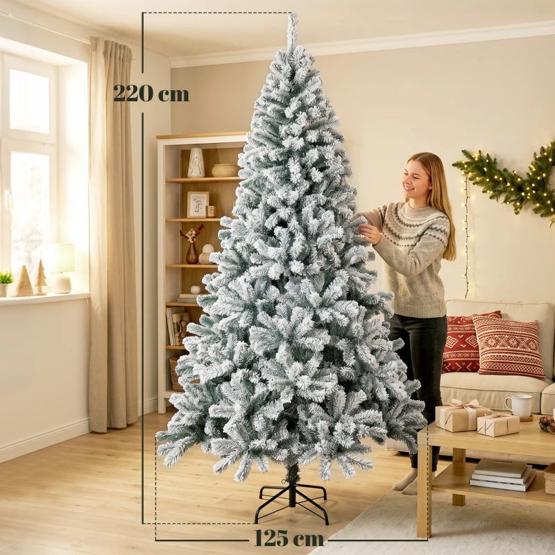 HOMCOM Árbol de Navidad Nevado de 220 cm con 1000 Puntas de PVC Ignífugo Ramas Articuladas Montaje Rápido Verde y Blanco