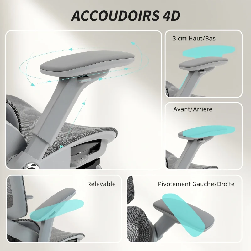 HOMCOM Chaise Bureau Ergonomique avec Accoudoirs 4D Appui-Tête et Profondeur d'Assise Réglables Maille Gris