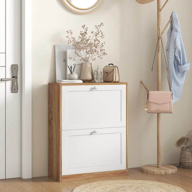 HOMCOM Zapatero Estrecho con 2 Puertas Estantes Ajustables para 12 Pares de Zapatos 60x24,5x75,5 cm Natural y Blanco
