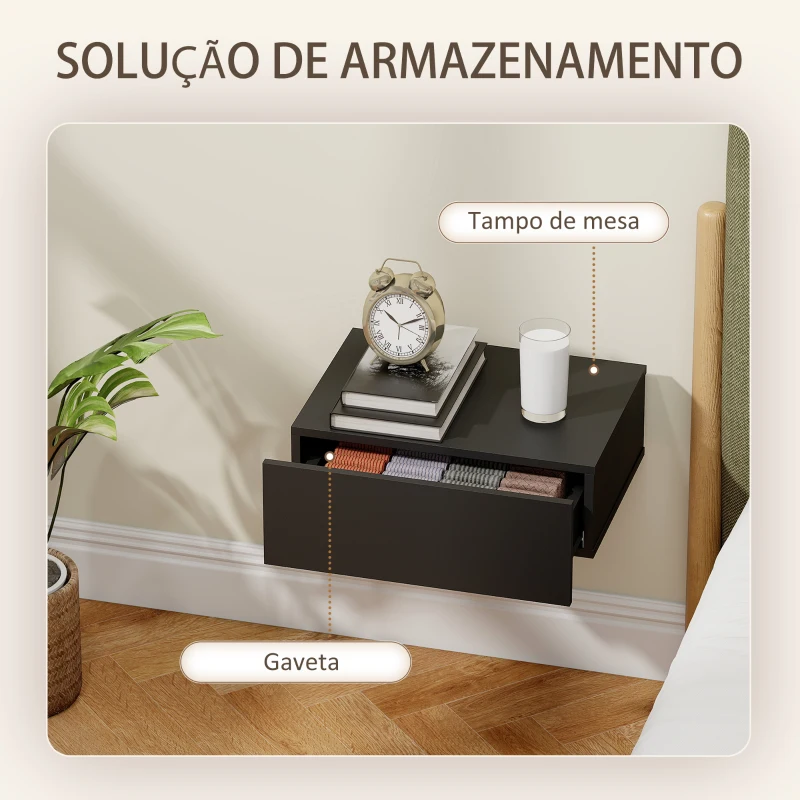 HOMCOM Conjunto de 2 Mesas de Cabeceira Flutuantes com 1 Gaveta para Quarto 40x30x15 cm Preto