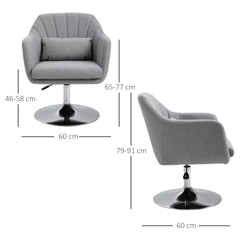 HOMCOM Sedia Girevole a 360° ad Altezza Regolabile, con Cuscino, Supporto Lombare e Bracciolo, 60x60x79-91 cm, Grigio