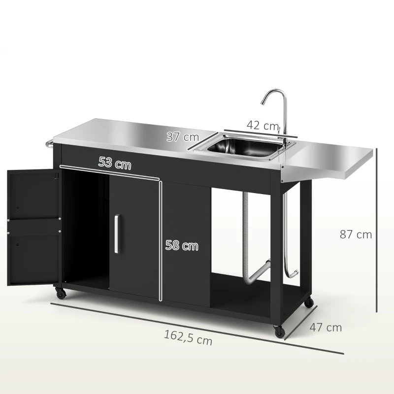 Outsunny Grillwagen Serveerwagen met Werkblad, Uitklapbare Zijplank, Kast, Spoelbak, Wielen, Roestvrij Staal 162,5x47x87cm Zwart