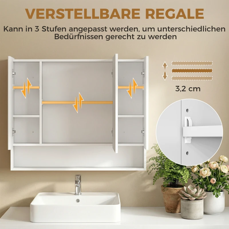 kleankin Armoire murale salle de bain avec miroir, armoire de toilette 3 portes miroir, étagères réglables, 90x15x75cm, blanc