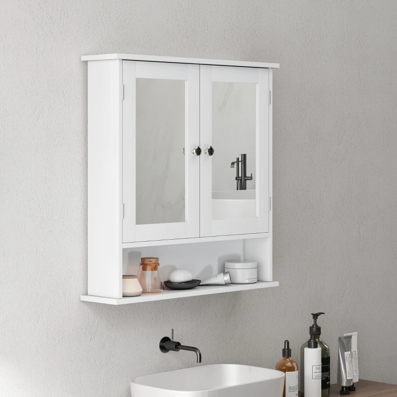 kleankin Armadietto Bagno da Parete con 2 Ante a Specchio e Ripiano Aperto, 56x13x58 cm, Bianco