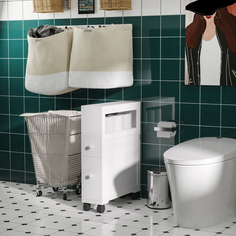 HOMCOM Mobile Bagno Stretto con 4 Ruote, Mobiletto Bagno Salvaspazio con 2 Cassetti e Ripiano Aperto in Legno, per Lavanderia, 16x52x71.5cm, Bianco