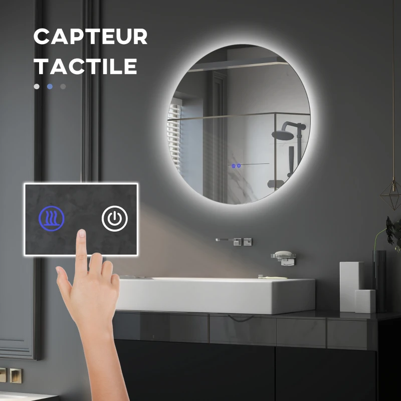 kleankin Miroir rond lumineux LED de salle de bain Ø 70 cm mural avec éclairage interrupteur tactile système antibuée  35 W gris