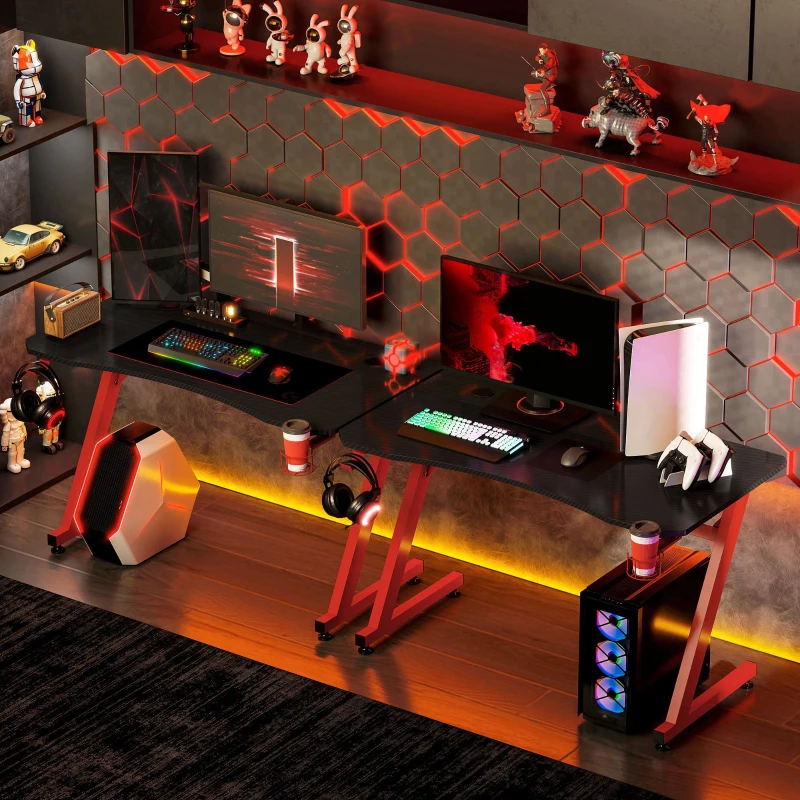 HOMCOM Mesa Gaming 120x65x74,5 cm Escritorio Ergonómico Gaming desk para Computadora PC con Portavasos Gancho para Auriculares y Pies Ajustables Efecto de Fibra de Carbono Rojo