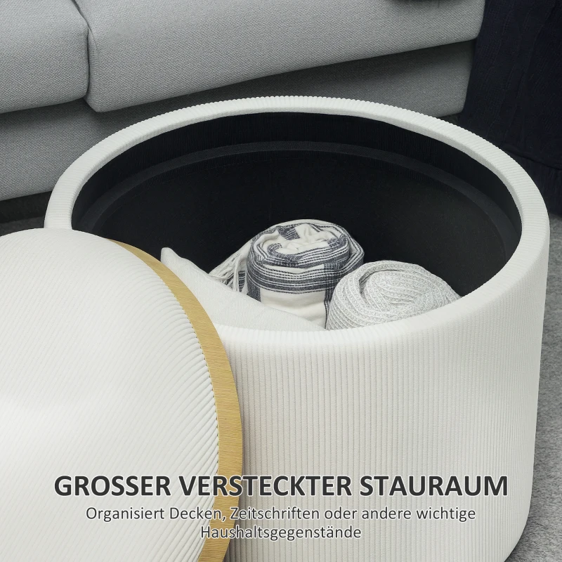 HOMCOM Opbergkruk met Ruimte, Rond, Voetensteun, Corduroy, MDF, Crèmewit