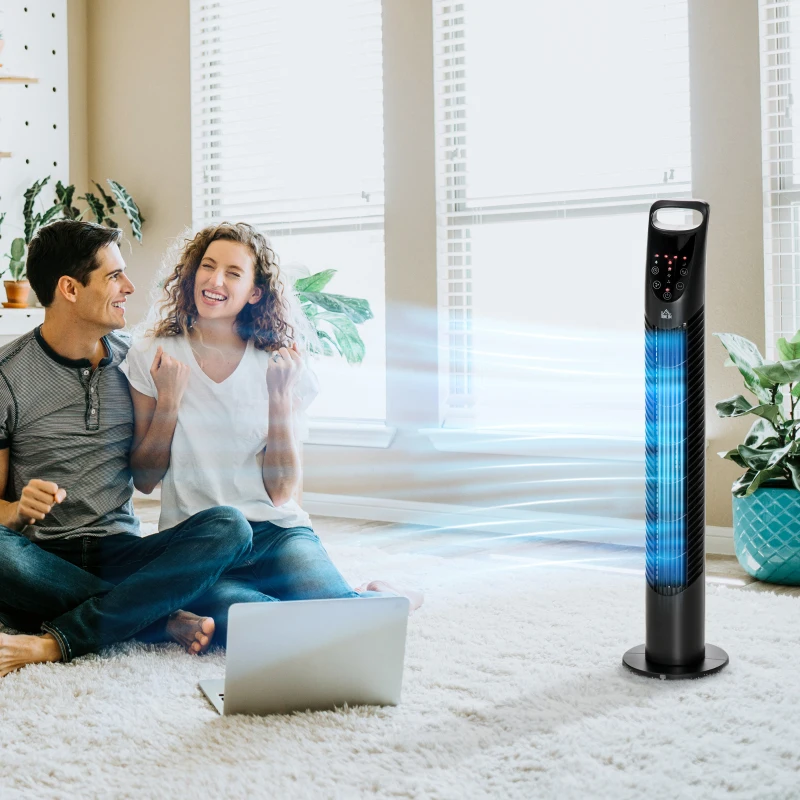 HOMCOM Ventilador de Torre con Control Remoto con 3 Velocidades y Modos de Función con Temporizador de 7,5h Ø18x78,5cm Negro