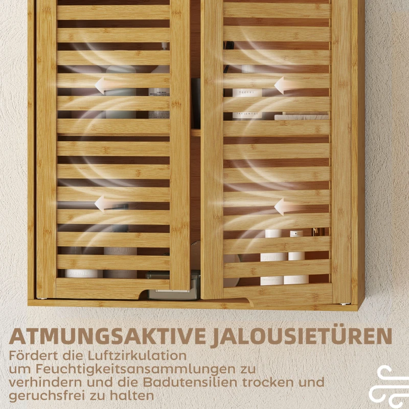 HOMCOM Badkamerwandkast Hangkast van bamboe met ademende lameldeuren, verstelbare plank 60 x 20 x 60 cm Natuurhout