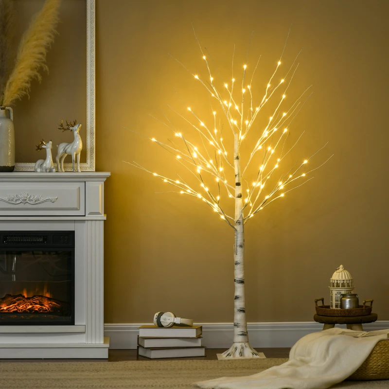 HOMCOM Árvore de Bétula com 96 Luzes LED IP44 Branco Quente Ramos Flexíveis Árvore de Decoração 22x22x150cm Branco