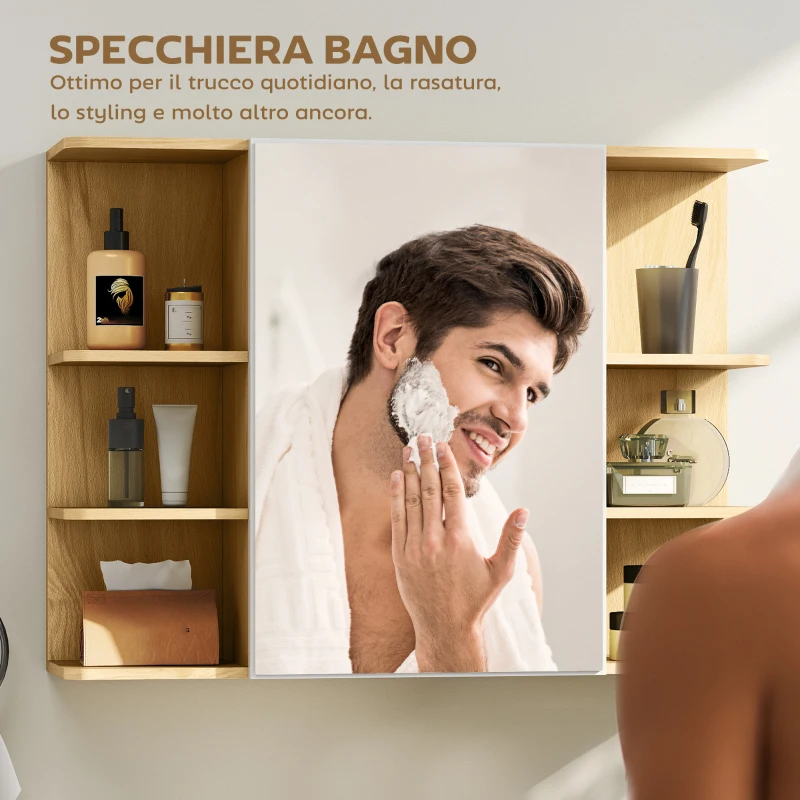 HOMCOM Specchiera Bagno con Armadietto a 2 Ripiani e 6 Vani Aperti, 80x20x59 cm, Legno