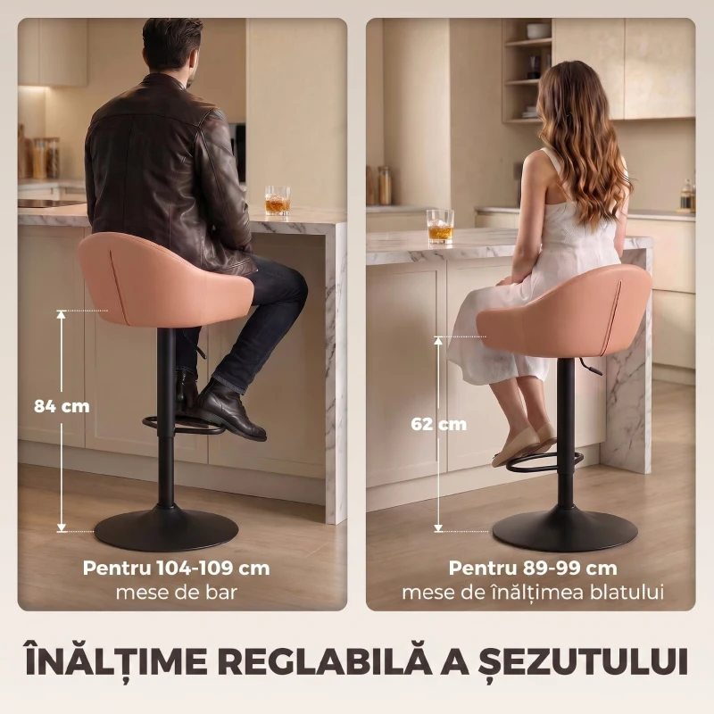 HOMCOM Set 2 Scaune de Bar din Piele Ecologică cu Spătar, Brațe și Înălțime Reglabilă, Maro