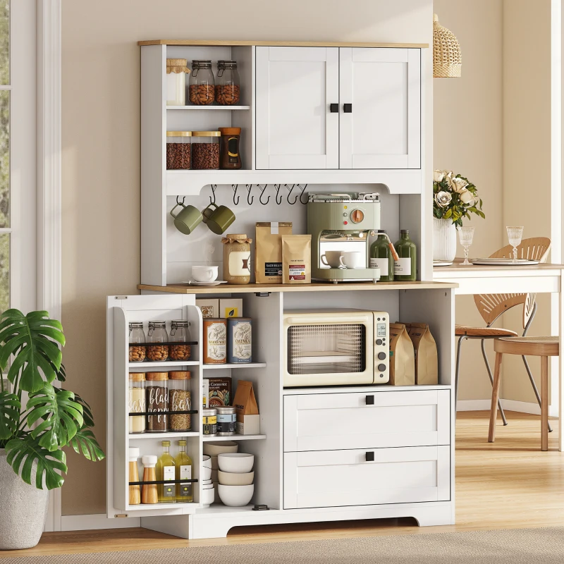 HOMCOM Credenza Cucina con 3 Armadietti, 2 Cassetti, Ripiani Regolabili e Portaspezie, 100x40x62 cm, Bianco