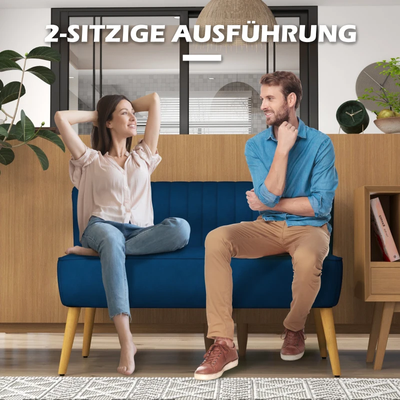 HOMCOM Sofa retrodesign 2-zits sofa, houten poten, 117 cm x 56,5 cm x 77 cm, Blauw(m-6)