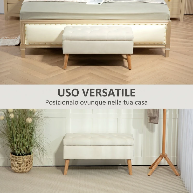 HOMCOM Cassapanca Pouf Contenitore Poggiapiedi 80x35x42 cm in Velluto, Gambe in Legno di Caucciù, Crema