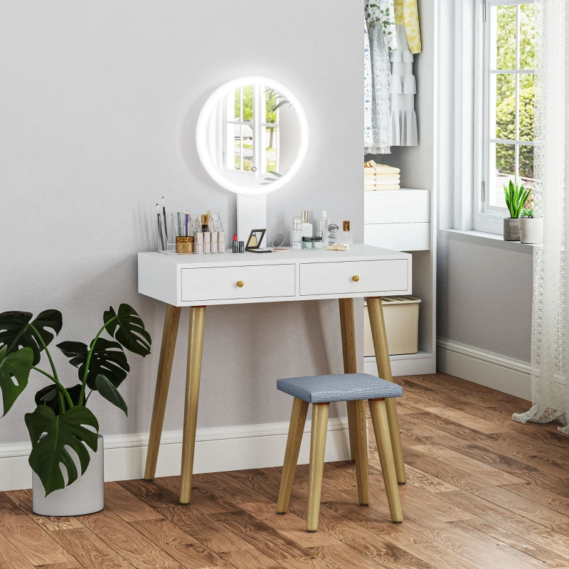 HOMCOM Coiffeuse avec miroir LED à luminosité et 3 couleurs réglable, tabouret rembourré, 2 tiroirs et organisateur, blanc