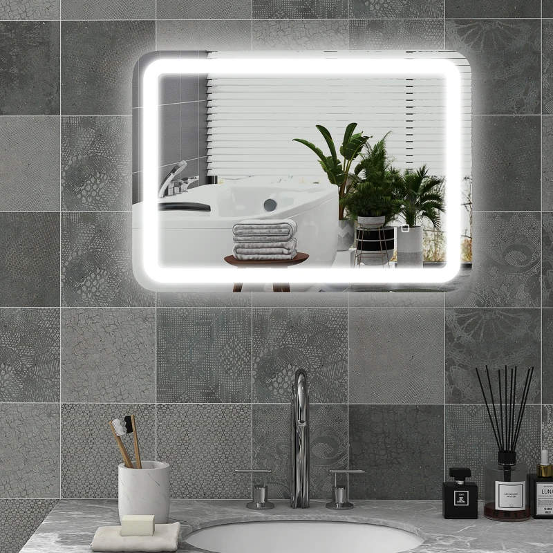 HOMCOM Badkamerspiegel, verlicht, touchbediening, anti-beslag, dimbaar, 3 lichtkleuren, 70x90, zilver