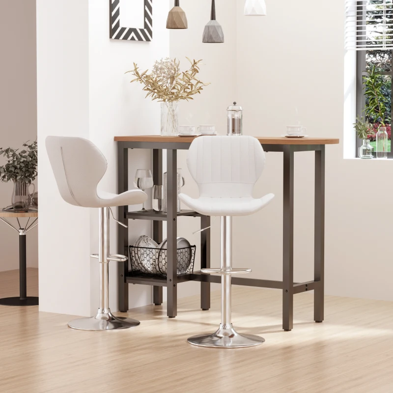 HOMCOM Juego de 2 Taburetes Altos de Cocina y Giratorio Taburetes Altos de Cuero Sintético con Respaldo y Estructura de Metal 47x51,5x92-114 cm Blanco