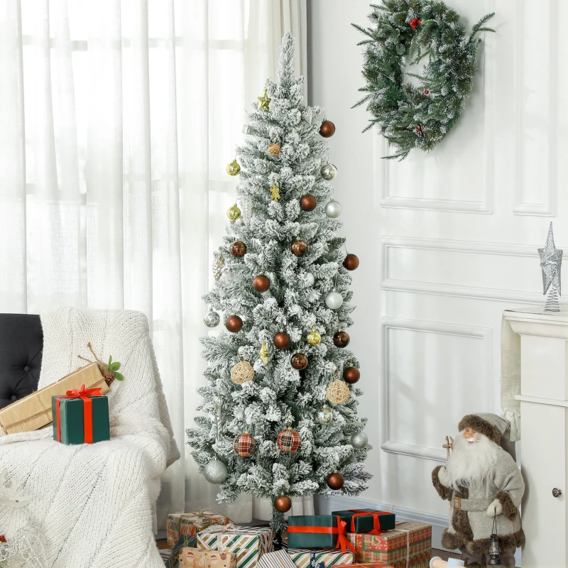 HOMCOM Kunstkerstboom, Slanke Vorm, Kunstmatige Sneeuw, Driedelig, Vlamvertragend, Metalen Voet, 180 cm, Groen