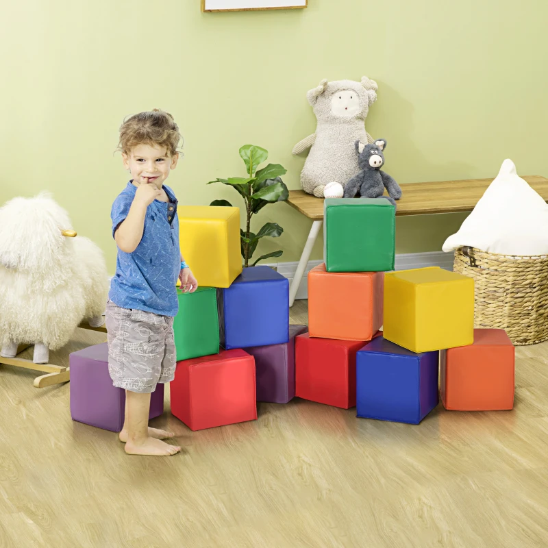 HOMCOM Set 12 Cubi Giocattolo Morbidi per Bambini 12-36 Mesi, Blocchi Schiuma per Bambini, Costruzioni Morbide in PU ed EPE, 20x20x20 cm, Multicolore