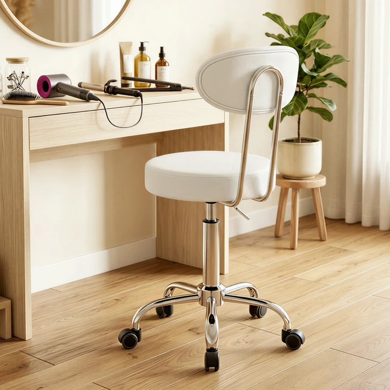 HOMCOM Tabouret à roulettes pivotant hauteur réglable en cuir synthétique avec dossier pour spa bureau tatouages Blanc