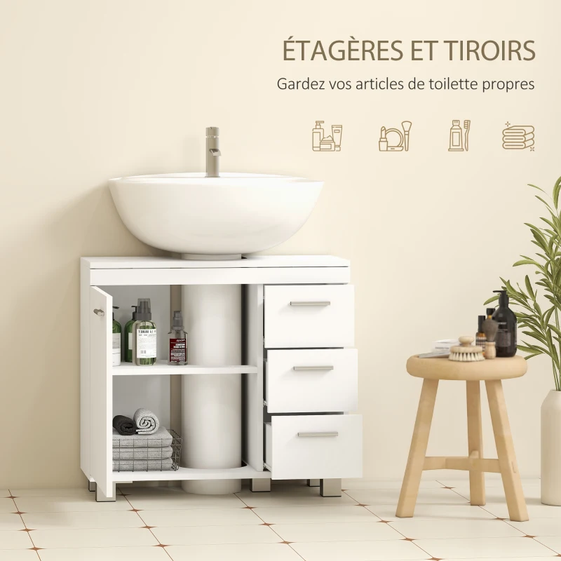 HOMCOM Meuble sous lavabo, meuble de salle de bain avec 3 tiroirs et porte à fermeture amortie, 70 x 30 x 64 cm, blanc