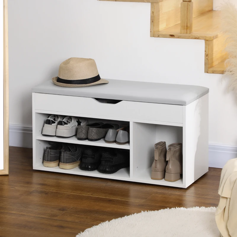 HOMCOM Armario Zapatero para Almacenamiento Banco de Zapatero con Asiento Estantes Cajón y Cojín Dos Niveles para Entrada y Recibidores Moderno Carga Max 120kg 80x30x43cm Blanco