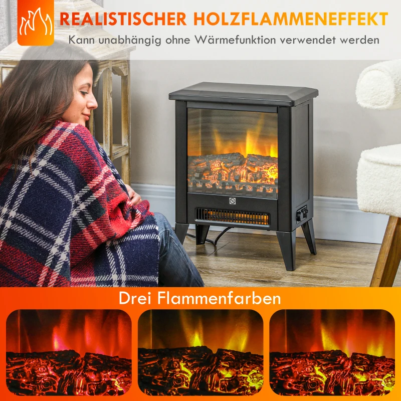 HOMCOM Elektrische Haard met Verwarming, LED Vlammen Effect, 1800 W Vrijstaande Haard met Stil Geluid, Oververhittingsbeveiliging voor Woonkamer & Slaapkamer, Zwart(m-4)