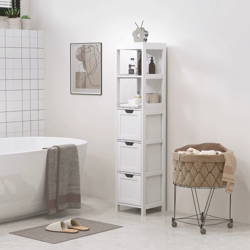 HOMCOM Badkamerkast met 3 Laden en 2 Open Schappen, Smalle Opbergkast voor Kleine Badkamer, Waterafstotend Materiaal, Wit