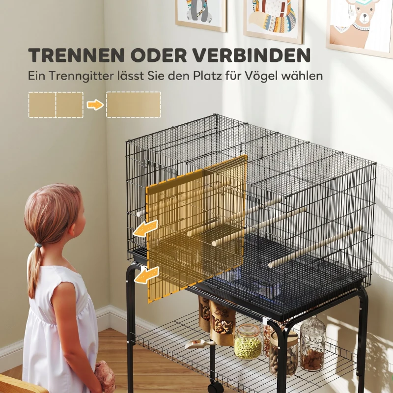 PawHut Vogelkooi/Vogelvolière met Wielen, 2 Deuren, 4 Zitstokken, Opbergplank, Metaal, 76 x 46 x 116 cm, Zwart