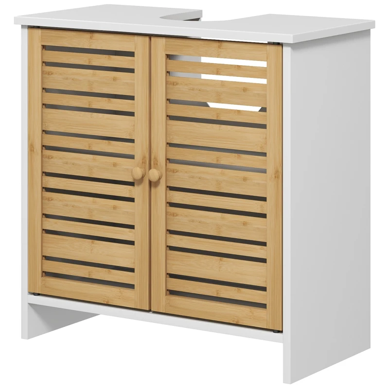 HOMCOM Meuble sous vasque de salle de bain 2 portes étagère réglable armoire de rangement pour lavabo 60x30x60 cm bambou blanc
