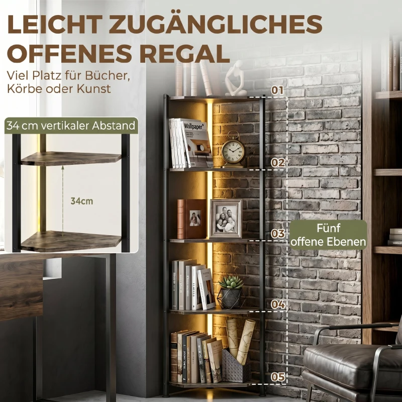 HOMCOM Boekenkast 5-laags Hoekkast met LED-verlichting voor woonkamer, slaapkamer, kantoor, Rustiek bruin