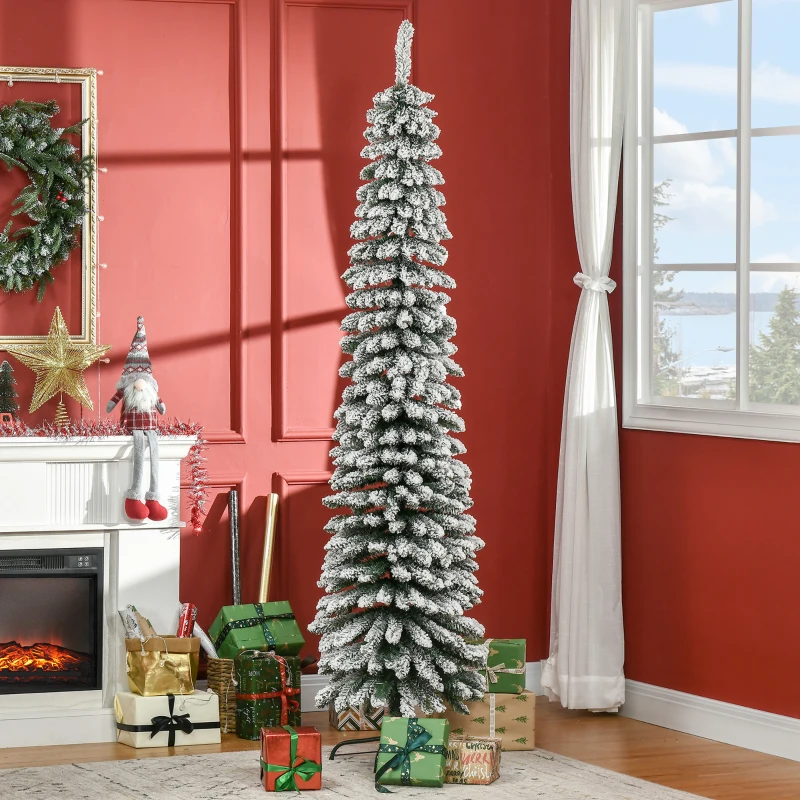 HOMCOM Kunstkerstboom, besneeuwd, slank ontwerp, brandveilig, 210 cm, Groen/Wit