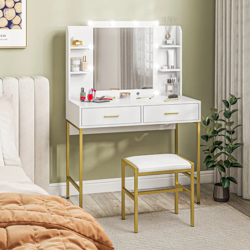 HOMCOM Dressing Table Set, with Storage and Stool - White