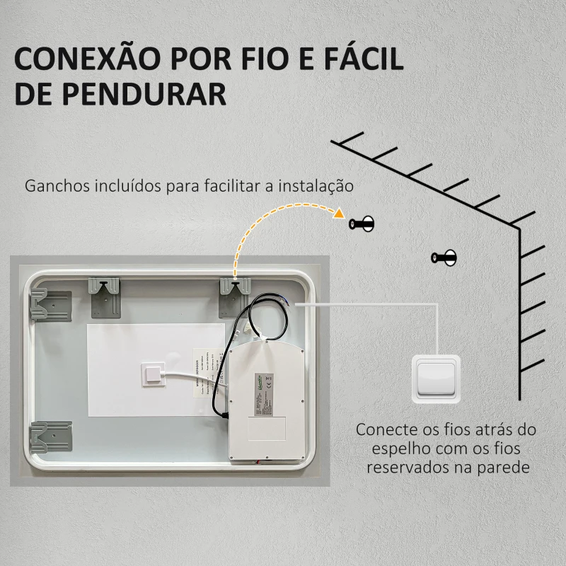 kleankin Espelho Casa de Banho com Luzes LED 80x60 cm Função Antiembaciamento 3 Cores Função de Memória e Interruptor Tátil Prata