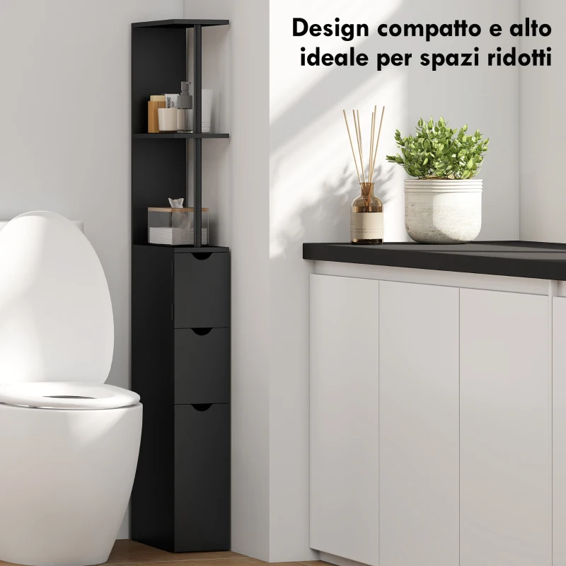 HOMCOM Mobile Colonna Salvaspazio in Legno con Ripiani, Armadietto e Cassetti, Nero, 15x33x136.8cm