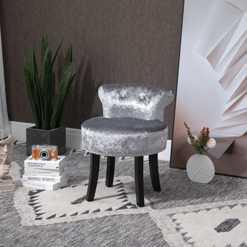 HOMCOM Dressing Table Stool with Rubber Wood Legs, Ice Velvet Vanity Stool for Living Room Bedroom, Grey