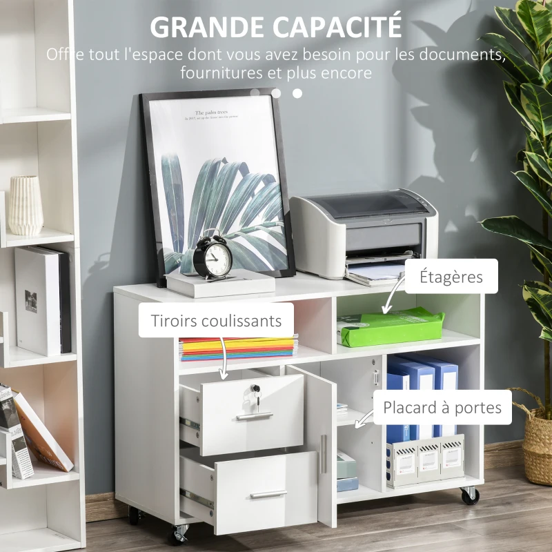 HOMCOM Support d'imprimante à 2 tiroirs meuble de rangement sur roulettes étagères ouvertes et placard, 100 x 35 x 65 cm, blanc