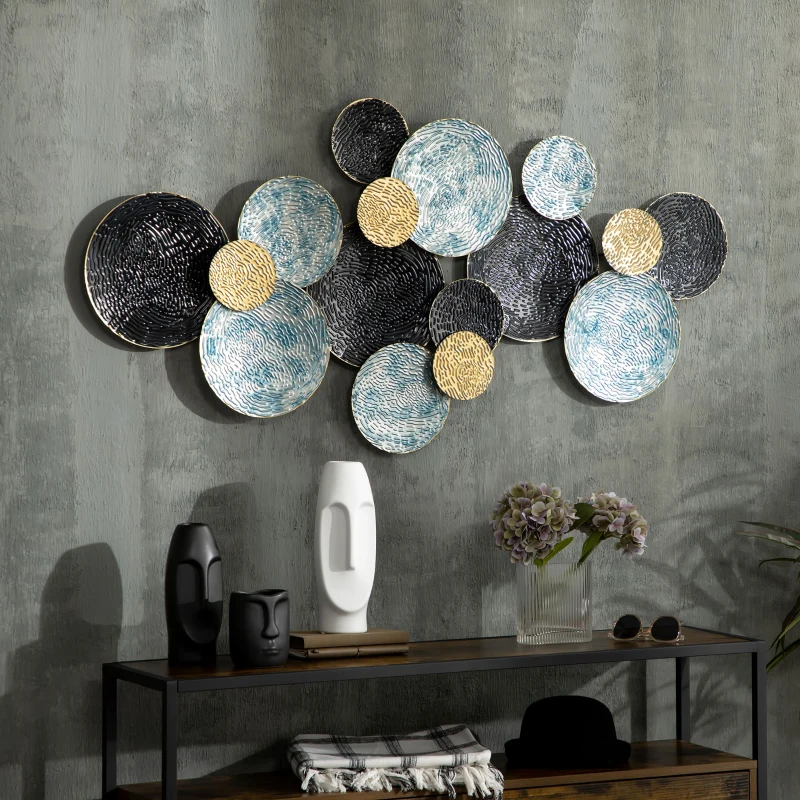 HOMCOM Decorazione Murale in Metallo 3D, Wall Art a Cerchi 133x66cm, Blu, Nero e Oro