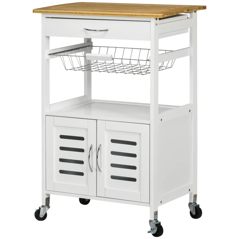 HOMCOM Carrito de Cocina con Ruedas Carro de Almacenamiento Multiuso con Encimera de Bambú Cajón Cesta Metálica y Armario de 2 Puertas de Persiana 58x37x85,5 cm Blanco