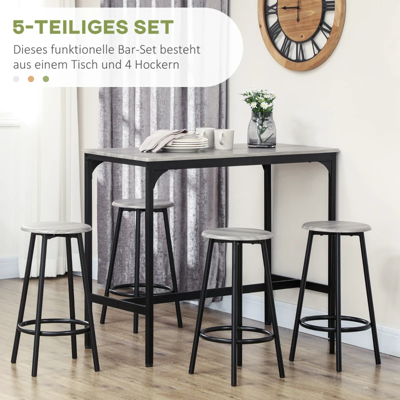 HOMCOM Barset, 5-delig, Tafel & 4 Krukken, Industrieel Design, Compact, Rustiek