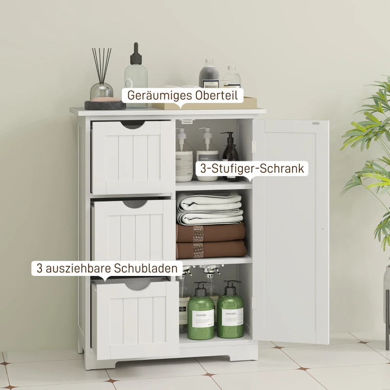 HOMCOM Badkamerkast, Badkamercommode, 3 Laden, Schap, MDF, Wit