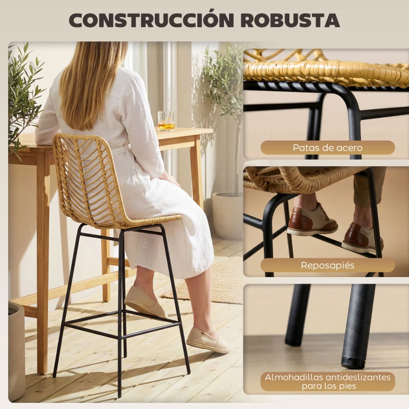 HOMCOM Taburetes Altos de Cocina Juego de 2 con Asiento de Ratán Sintético Taburetes de Bar con Patas de Acero 42,5x52x102 cm Natural