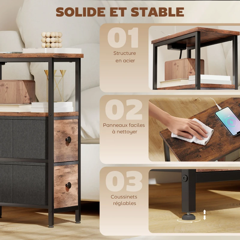 HOMCOM Table d'appoint avec station de charge, table de salon étroite avec 2 tiroirs en tissu, étagère ouverte, brun rustique