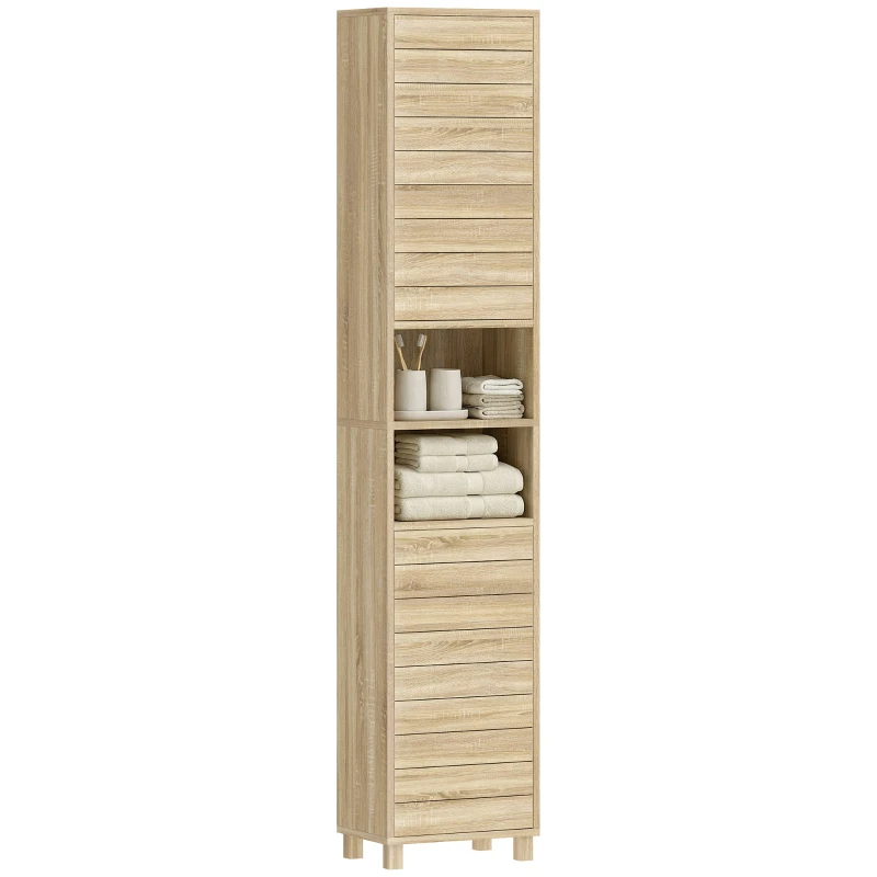 HOMCOM Armario Alto para Baño con Estantes Ajustables Puertas de Lamas Apertura por Presión 34x23x170 cm Natural