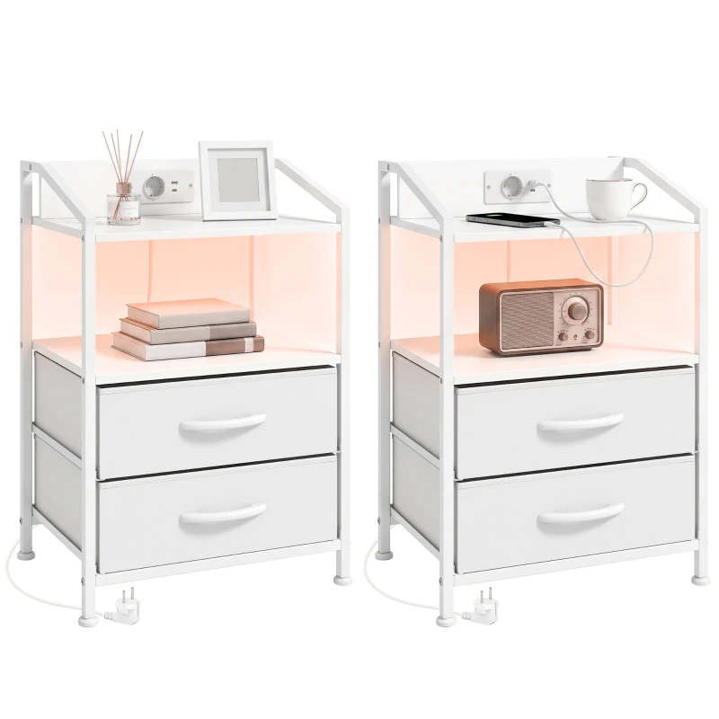 HOMCOM Set de 2 Noptiere Con Lumini Led E Stație de Încărcare, Alb