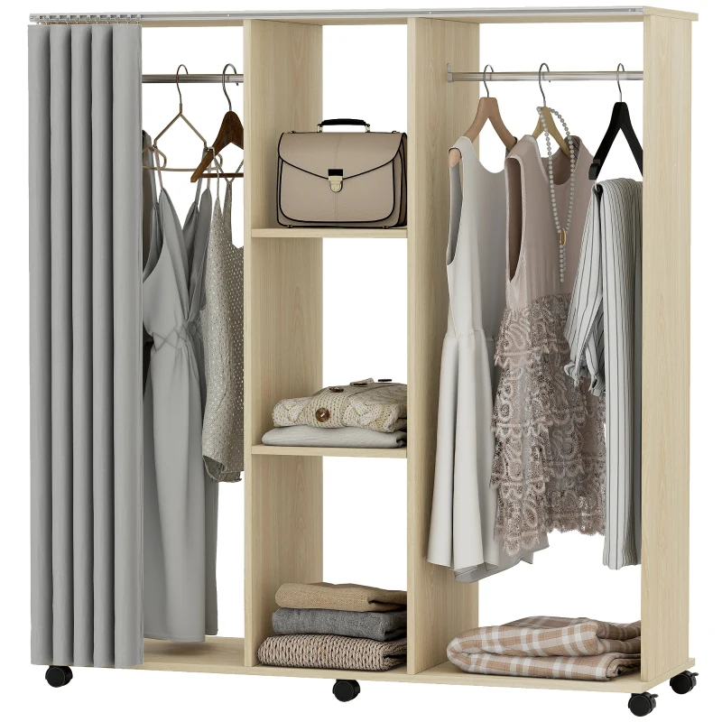 HOMCOM Armoire penderie Meuble de Rangement Mobile 6 roulettes 120L x 40l x 128H cm en bois naturel